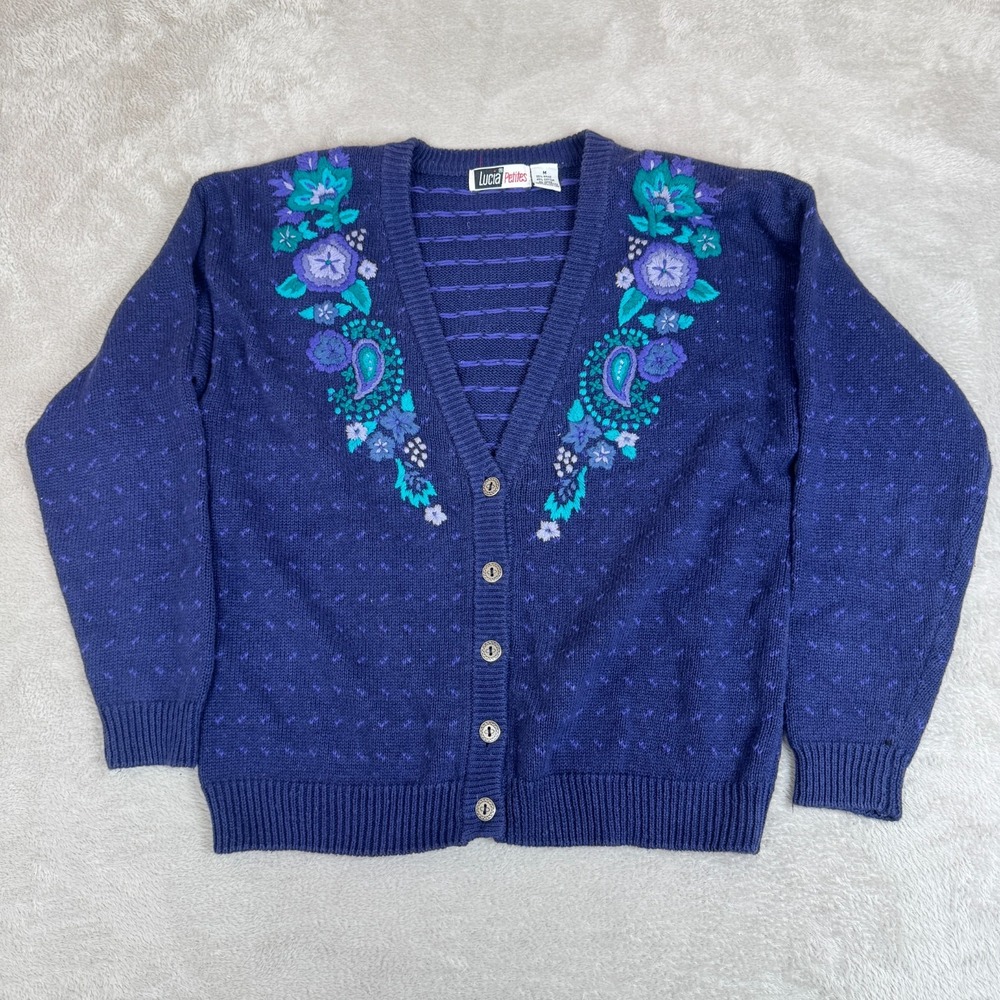 Vintage Lucia Petites Sweater‎ Womens M Blue Preowned Cardigan Floral Paisley